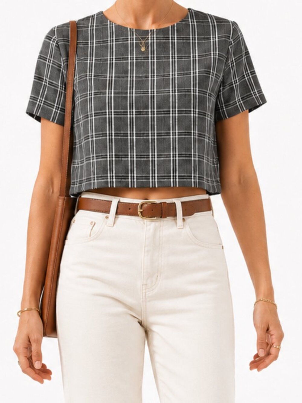 Lumiere Gray Windowpane Plaid Boxy Short Sleeve Structured Crop Top [size M]